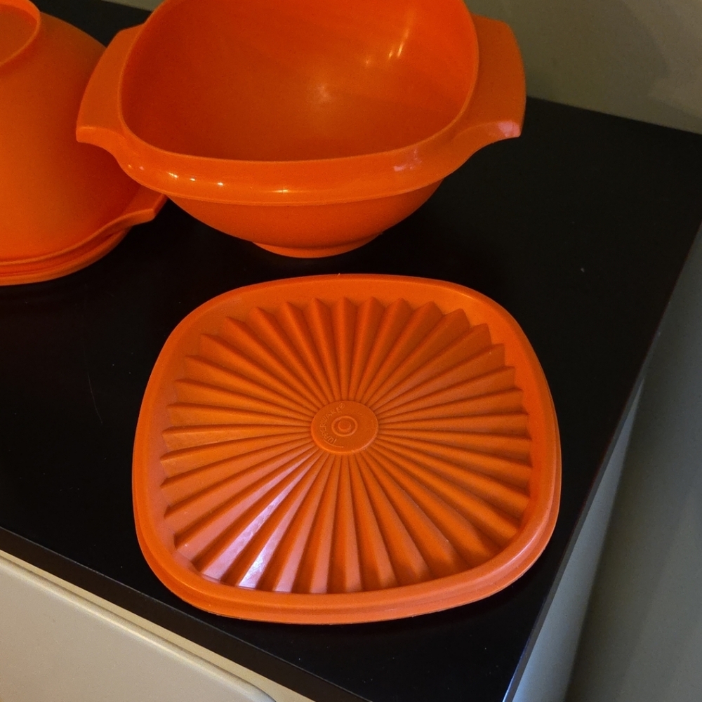 Vintage Tupperware 840 Servalier Push Button Bowls Orange w/Lid Mid Century